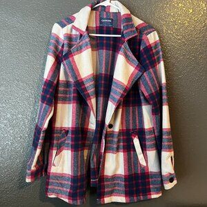 Cavallini Plaid Coat Women’s Outerwear Red Blue Cream Longline Button Front Jack